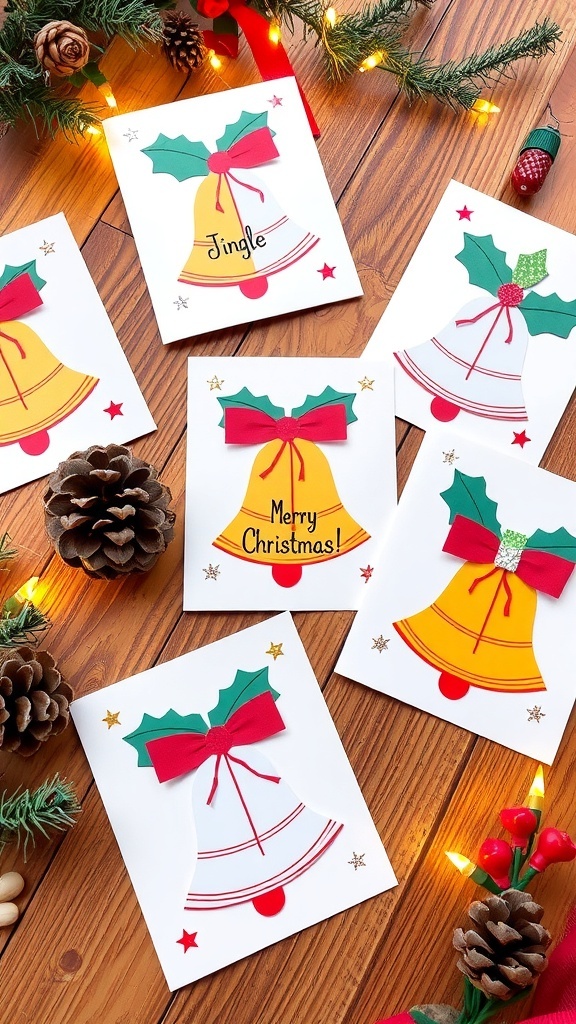Handmade Christmas cards with jingle bells on a wooden table, surrounded by festive decorations.
